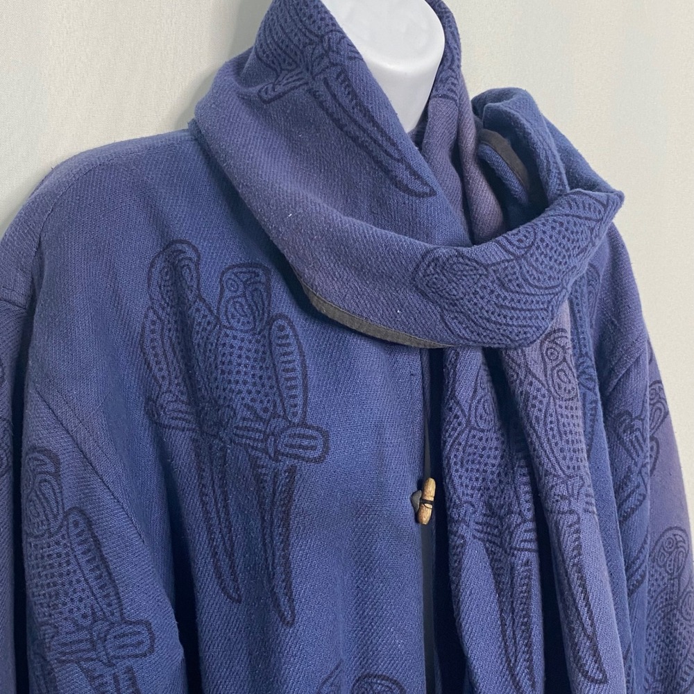 The Daily Planet Nepal Cotton Parrot Block Print Scarf Duster Coat Purple Blue M